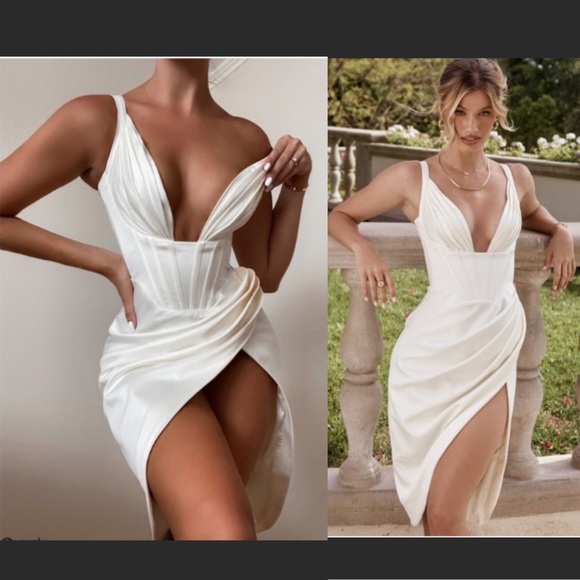 House of CB XS D-DD 'Faye' Ivory‎ Satin white Corset Midi Dress NWOT $269 - Picture 1 of 17